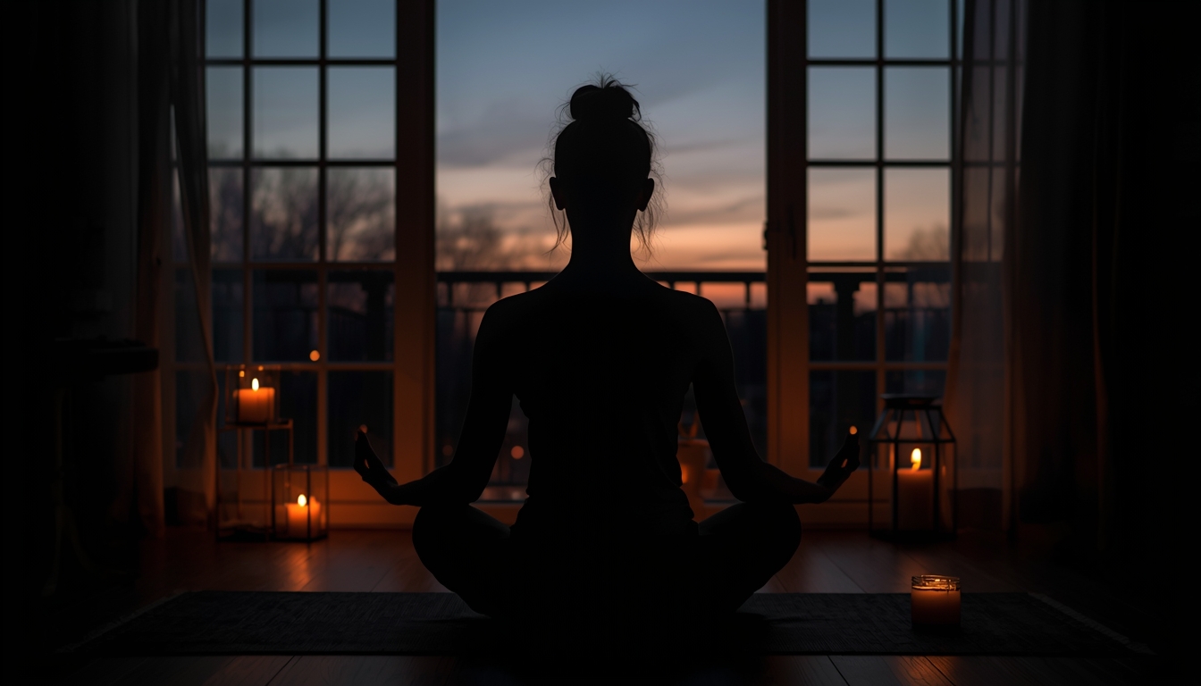 Person practicing evening meditation in a serene space